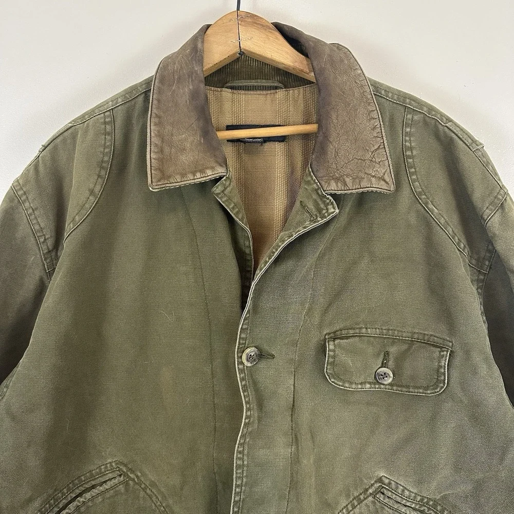 Banana Republic‎ VTG Army Green Leather Collar Distressed Jacket Mens M Read
